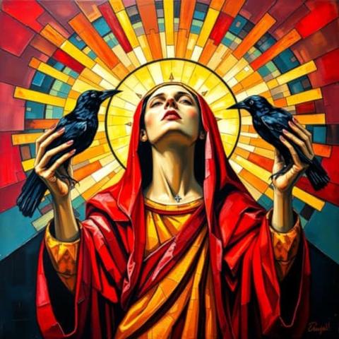 Prompt: palette knife painting of beatific female saint, gazing upward intensely, holding up [a kitten|a large black crow|a large black bat|paintbrushes|wine goblets], radiating god rays, mystic symbolism, radiant stained glass halo, in fractured cubism art style, wildly intuitive and fluid impressionism by juan gris and georgy kurosav, [various colors]