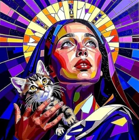 Prompt: palette knife painting of beatific female saint, gazing upward intensely, holding up [a kitten|a large black crow|a large black bat|paintbrushes|wine goblets], radiating god rays, mystic symbolism, radiant stained glass halo, in fractured cubism art style, wildly intuitive and fluid impressionism by juan gris and georgy kurosav, [various colors]