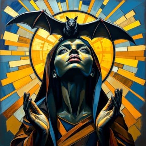 Prompt: palette knife painting of beatific female saint, gazing upward intensely, holding up [a kitten|a large black crow|a large black bat|paintbrushes|wine goblets], radiating god rays, mystic symbolism, radiant stained glass halo, in fractured cubism art style, wildly intuitive and fluid impressionism by juan gris and georgy kurosav, [various colors]