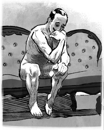 The Duke of Clarence pausing as The Thinker by Rodin. Naked he sat on a couch, lost in his thoughts.