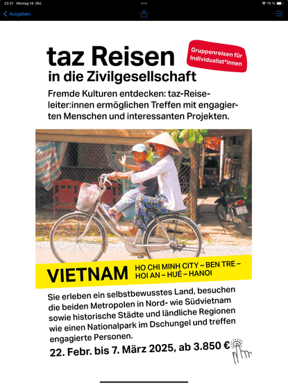 Werbung für taz-Reisen nach Vietnam 2025.