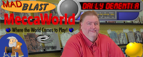 The preview for Frag-Net's interview with TC. Featured is TC in his own record store, Rock This Town Records. Surrounding TC is the logo for Daily Dementia, a 1990s Podcast, along with MeccaWorld, a gaming site he operated. The other logos represent other companies or projects he was involved with.