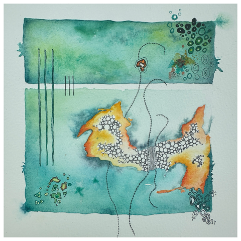 Two blue and green panels, with black organic shapes drawn (circles and lines). Yellow and orange parts pop out. Like the Greek sea and the sun