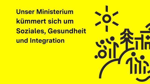 Gelbe Fläche, rechts mehrere Symbole in Schwarz: Person im Rollstuhl, Tannenbaum, Sonne, Menschen, Krankenhaus, Berg, Fluss.
Text: Unser Ministerium kümmert sich um Soziales, Gesundheit und Integration.