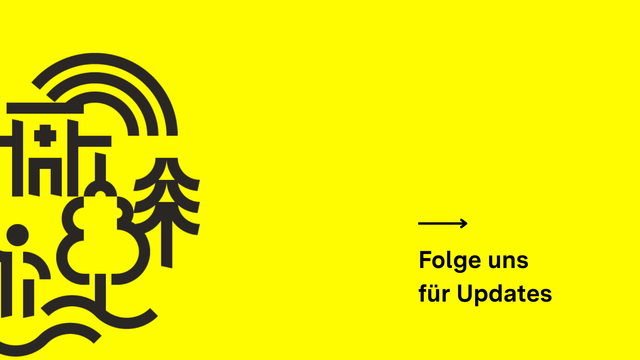 Gelbe Fläche, links mehrere Symbole in Schwarz: Person im Rollstuhl, Tannenbaum, Sonne, Menschen, Krankenhaus, Berg, Fluss.
Text: Folge uns für Updates