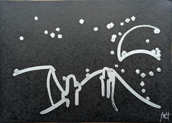 A minimalist desert scene under a moonlit sky, created using a pen plotter programmed to dip a paintbrush into silver metallic ink. The crescent moon floats above abstracted desert dunes and cacti, outlined in smooth lines. Scattered stars are represented with silver ink dabs, creating a serene, expansive night sky. The reflective quality of the silver ink against the black background evokes the calm and solitude of a desert night. In close-up, the textured silver ink stars have a cratered, hand-painted appearance, adding dimension. The crescent moon is detailed with metallic strokes, enhancing the organic feel of the scene. This piece meditates on the quiet of a desert night, its calm reinforced by each star and line being hand-programmed—each element unique, like every night spent under the sky.