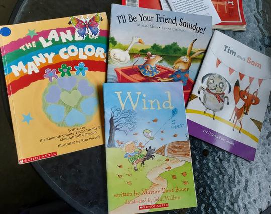 4 kids books on a glass table. All are illustrated paperbacks for kids under age 5.

Books seen are:

The Land of Many Colors - by Rita Pocock

I'll Be Your Friend, Smudge! - by Miriam Moss

Tim & Sam - by David Ezra Stein

Wind - by Marion Dane Bauer