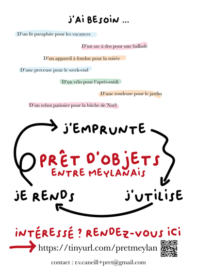 Visuel décrivant des exemples d’emprunts d’objets. Par exemple :
un lit parapluie pour les vacances
un sac à dos pour une ballade
un appareil à fondue pour la soirée