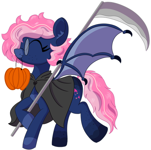 A cute batpony mare carries a pumpkin candy bucket in her mouth and wields a scythe and cloak. She has a set of extended bat wings and looks like she is having a wonderful time trick-or-treating!