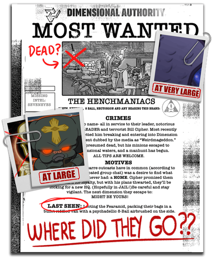 Aparentemente es un informe de las autoridades. Como título tiene "DIMENSIONAL AUTHORITY. MOST WANTED" Le siguen varios párrafos que se leen a medias debido a fotos de los subordinados de Bill.

The henchmaniacs. Teeth, Keyhole, 8 ball, Hectorgon and any bearing this brand.

CRIMES: ... name- all in service to their leader, notorious... LEADER and terrorist Bill Cipher. Most recently... ... him breaking and entering into Dimension... ... dubbed by the media as "Weirdmageddon." ... presumed dead, but his minions escaped to... ... dimensional waters, and a manhunt has begun. ALL TIPS ARE WELCOME. 

MOTIVES: ... outcasts have in common (according to... ... group chat) was a desire to find what... ... never had: a HOME. Cipher promised them... ... loyalty, but with his plans thwarted, they'll be looking for a new HQ. (Hopefully in JAIL!) Be careful and stay vigilant. The next dimension they escape to: MIGHT BE YOURS!

LAST SEEN: Looting the Fearamid, packing their bags in a bullet riddled van with a psychadellic 8-ball airbrushed on the side.

WHERE DID THEY GO??