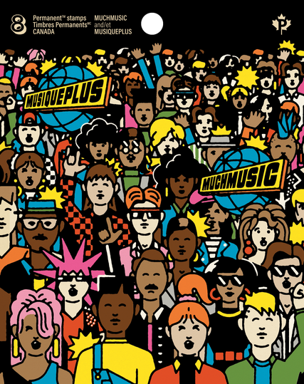 The front cover of the booklet features an illustrated crowd of various people and figures, like those gathered outside the MuchMusic and MusiquePlus buildings.