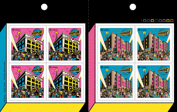 The booklet interior shows groups of four of each stamp, while the booklet back cover repeats the dynamic and dimensional colour blocks prominent in the design of this issue. The buildings that housed the stations are highly stylized to reflect art of the era.

Highly stylized buildings featuring sharp edges and bright pink/yellow and contrasting black/light brown colours are present on the stamp face.