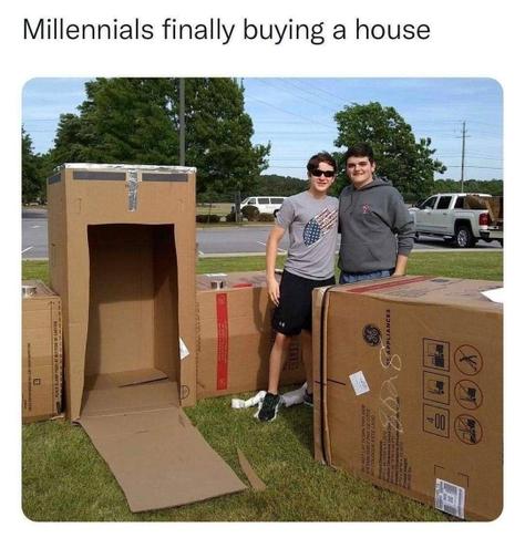 a photo with two person between cardboard boxes. the heading is "Millennials finally buying a house"
