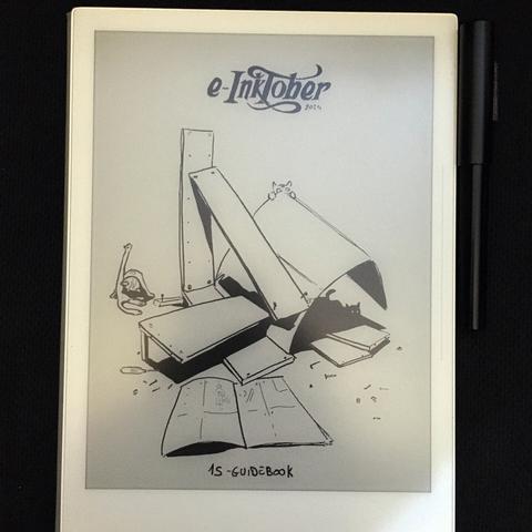 A photo of the same black and white drawing of a very poorly assembled shelf, on the e-ink tablet it was drawn.