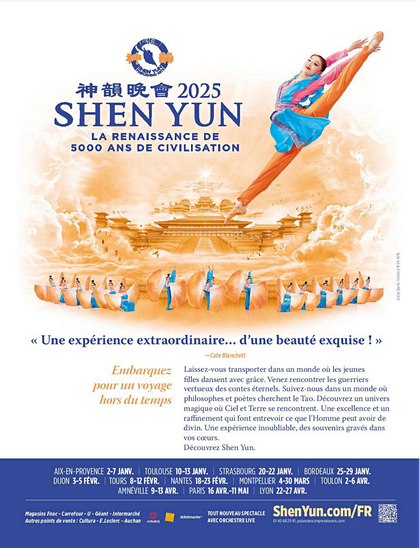 Page de publicité pour le spectacle Shen Yun, produit par la secte Falungong, parue dans le numéro 3901 de Télérama du 19 au 25 octobre 2024.