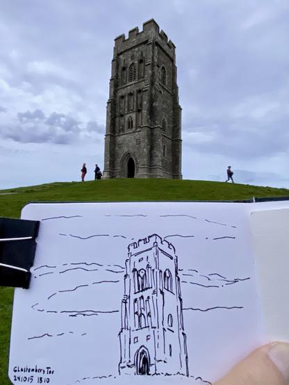 The Tower on Top of the Hill „Glastonbury Tor“, with a sketch of it on front.