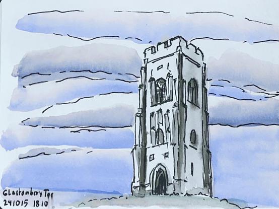 A coloured Sketch of the Tower on Top of Glastonbury Tor.