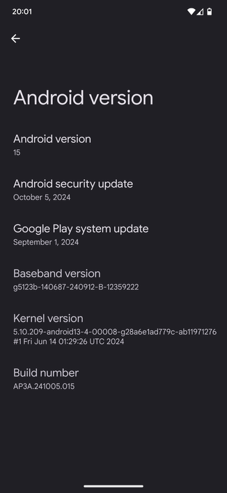 Captura de pantalla mostrando que la actualización a Android 15 se ha completado