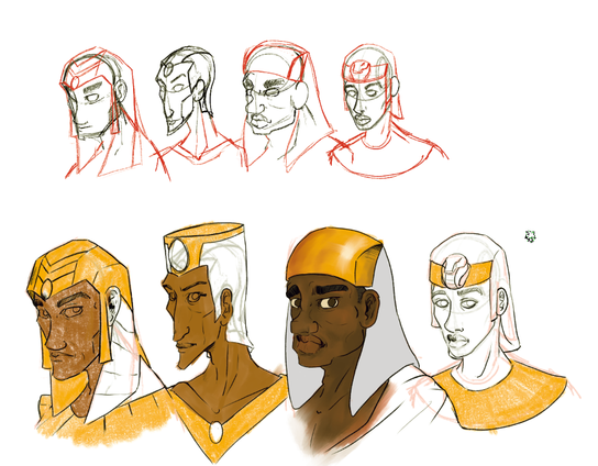 Screenshot of a digital canvas showing four character heads. In the first line is just rough sketching 
the second row is the same charas with more defined and clear outlines and they are partly colored.
The style is ancient egyptian. For those who know the show: From left to right: Ja-Kal, Rath, Armon, Nefer(tina) in their lifetime version