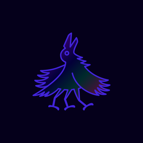 An illustration of a three-legged crow in dark iridescent colors and outlined in vibrant violet on a deep purple background