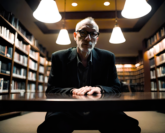 a photographic depiction of  a humanoid individual placidly seated at an empty study table in a public library