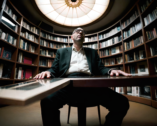 a photographic depiction of a humanoid individual seated at an apparently unsupported table of unique design in a round room in a public library
