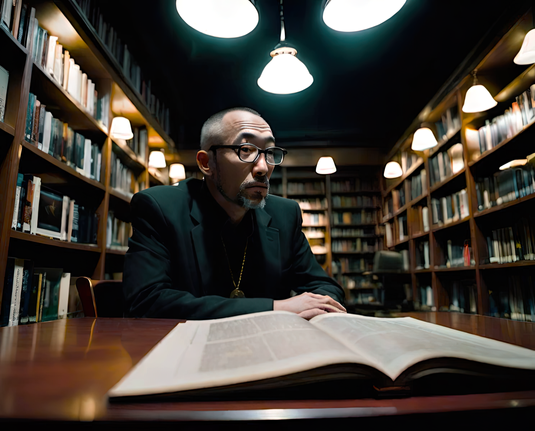 a photographic depiction of a humanoid individual seated at a table and ignoring an open book in a public library after hours
