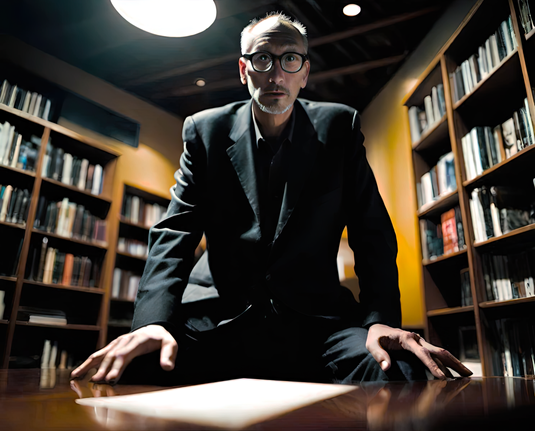 a photographic depiction of a humanoid individual leaning over a table bearing a sheet of paper in a public library