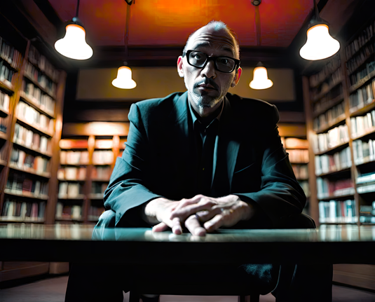 a photographic depiction of a seated humanoid individual at a table in a public library after hours