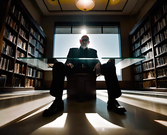 a photographic depiction of a humanoid individual seated with a glass tabletop across his knees in a broad aisle between shelves, backlit by a window, in a public library