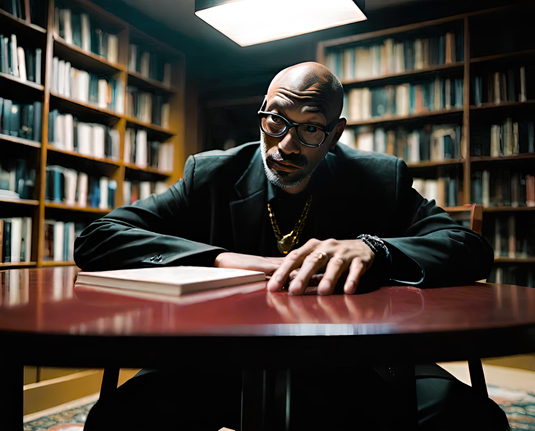 a photographic depiction of a humanoid individual seated at a study table with a thin volume in a public library after hours