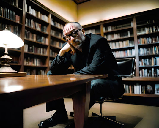 a photographic depiction of a humanoid individual seated at a study table in a public library