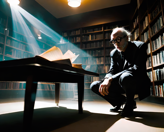 a photographic depiction of a humanoid individual crouching near a low table burdened with open books in a public library after hours