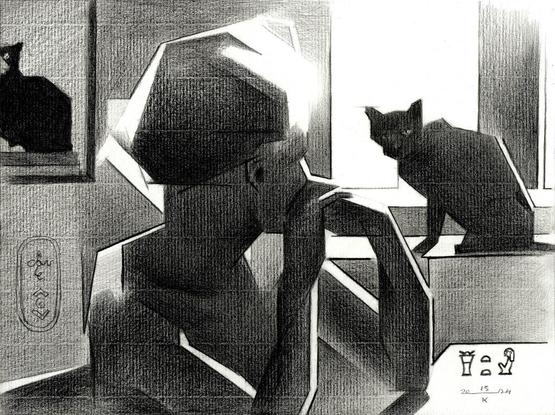 Bart van der Leck

This graphite pencil drawing ‘Bastet – 15-10-24’ is made in honor of dutch artist Bart van der Leck. Or should I say his famous painting ‘De Kat’? My parents had the poster in our house so I’ve known it all my life. If you want to see it on display please go to the Kröller Muller Museum here in The Netherlands. It’s worth the trip and you get all the Van Gogh paintings as a bonus. There was a direct reason to associate Bart’s painting with the artistic motif at hand. 

Christian Coigny

Christian Coigny is a Swiss photographer who once took a picture of a woman with a cat. The latter is sitting on a central heating system. The position reminded me of Van der Leck’s cubist cat. Hence, they both became the inspirational sources for this particular drawings. However, I changed the composition dramatically; I cropped the picture big time for example. Another thing is that I left out the mug on the table. The central heating the cat is on is left out and is replaced by a plain windowstill. The female posture I heavily abstracted. The only reference to his picture is the way the light falls on both beings.

Subtle Tones

As to the artistic process finding forms wasn’t too difficult really. The difficulty lies in getting all the sutble tones right. Above all, I wanted to prevent the scenery becoming ‘clumpy’. Instead I took Monet’s vision of atmospheric depth to heart. Therefor I wanted to create the delicate atmosphere around the woman and the cat combined. .
