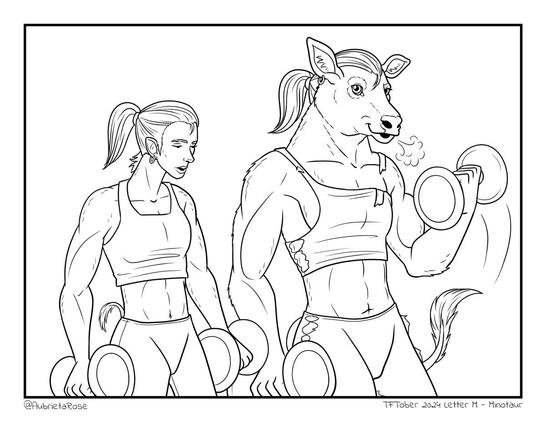 Line art of a woman pumping iron, looking down in concentration with the dumbbell at the bottom of its circuit. She has a faint coating of fur and her ears are slightly larger and pointier than normal. In the second image, she has curled her arm up and completed her transformation into a minotaur, glancing cheekily at the viewer.