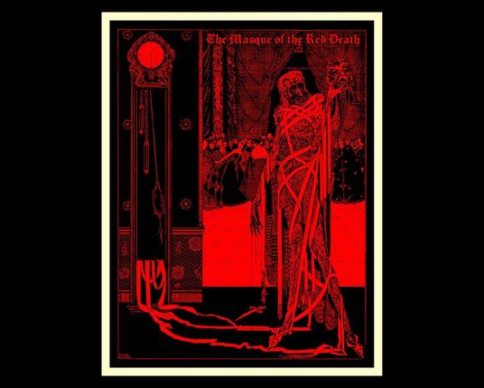 "The dagger dropped gleaming upon the sable carpet". From Tales of Mystery and Imagination ... Illustrated by Harry Clarke. The image shows a scary figure in red at ball.