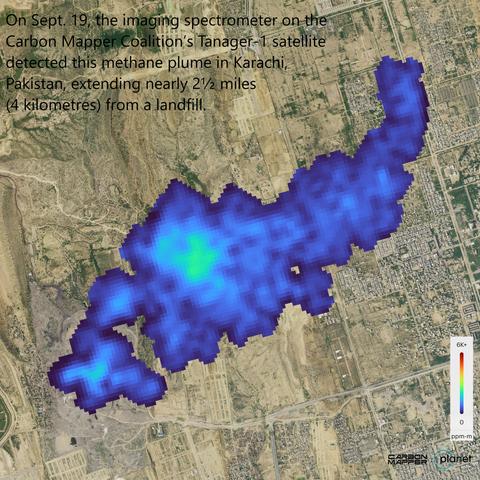 satellite image - On Sept. 19. 2024, the imaging spectrometer on the Carbon Mapper Coalition’s Tanager-1 satellite detected this methane plume in Karachi, Pakistan, extending nearly 2½ miles (4 kilometers) from a landfill.