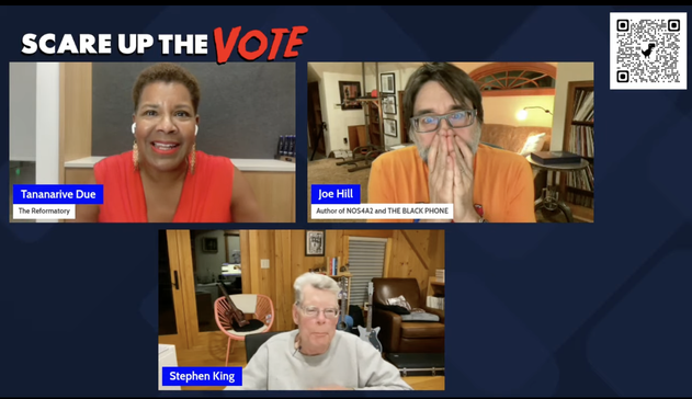Screenshot of Tananarive Due, Stephen King, and Joe Hill on the #ScareUpTheVote livestream
