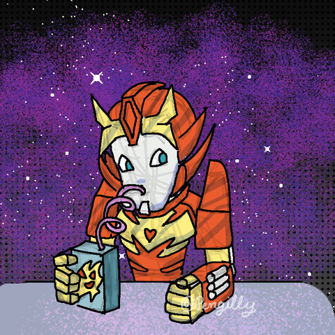Rodimus Prime drinking fuel from a box drink with Kremzeek on it, using a curly straw. Drawn in a semi-chibi style, with simple shading and visible construction lines.