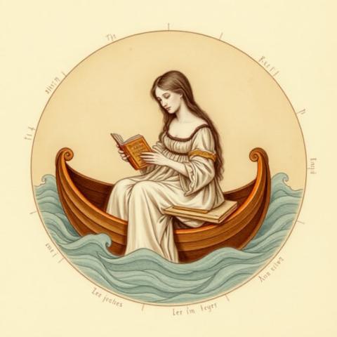 Renaissance schematic of a shy woman 
in a boat in stylized waves
holding a book, wearing a nightgown, in the style of Leonardo Da Vinci, pastel on aged parchment, latin annotations, soft romantic pencil strokes, earth tones