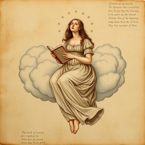 Renaissance schematic of a shy woman 
floating in the clouds holding a book, wearing a nightgown, in the style of Leonardo Da Vinci, pastel on aged parchment, latin annotations, soft romantic pencil strokes, earth tones