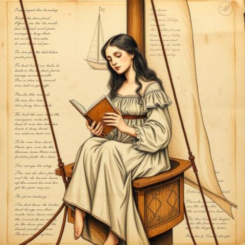 Renaissance schematic of a shy woman 
in a ship's crow's nest ship sails visible in background
holding a book, wearing a nightgown, in the style of Leonardo Da Vinci, pastel on aged parchment, latin annotations, soft romantic pencil strokes, earth tones