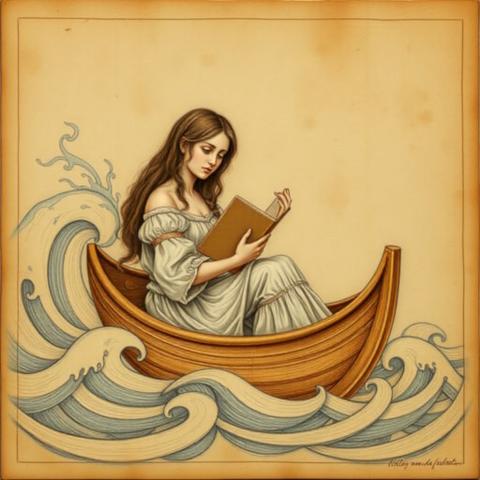 Renaissance schematic of a shy woman in a boat in stylized waves holding a book, wearing a nightgown, in the style of Leonardo Da Vinci, pastel on aged parchment, latin annotations, soft romantic pencil strokes, earth tones