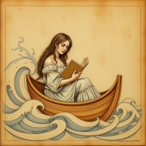 Renaissance schematic of a shy woman in a boat in stylized waves holding a book, wearing a nightgown, in the style of Leonardo Da Vinci, pastel on aged parchment, latin annotations, soft romantic pencil strokes, earth tones