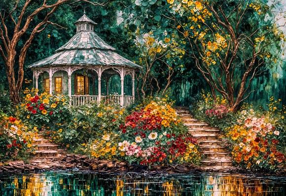 A digitally painted image of a quaint gazebo glowing with warm light, surrounded by colorful flower beds and vibrant greenery. Stone steps lead up to the gazebo, while a still pond reflects the vivid blooms and trees, creating a peaceful garden setting.   Image at:   https://beautifulsunphotography.com/featured/enchanted-gazebo-deb-beausoleil.html  See more art & blog at: https://beautifulsunphotography.com/ https://debbeautifulsunphotography.com/ https://www.zazzle.com/store/beautifulsun_designs https://debbeausoleil.com https://www.artpal.com/BeautifulSun/