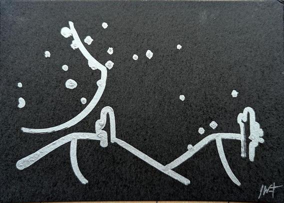 A minimalist desert scene under a moonlit sky, created using a pen plotter programmed to dip a paintbrush into silver metallic ink. The crescent moon floats above abstracted desert dunes and cacti, outlined in smooth lines. Scattered stars are represented with silver ink dabs, creating a serene, expansive night sky. The reflective quality of the silver ink against the black background evokes the calm and solitude of a desert night. In close-up, the textured silver ink stars have a cratered, hand-painted appearance, adding dimension. The crescent moon is detailed with metallic strokes, enhancing the organic feel of the scene. This piece meditates on the quiet of a desert night, its calm reinforced by each star and line being hand-programmed—each element unique, like every night spent under the sky.