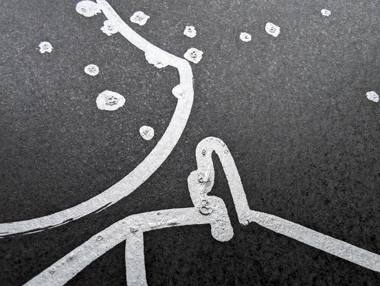 A minimalist desert scene under a moonlit sky, created using a pen plotter programmed to dip a paintbrush into silver metallic ink. The crescent moon floats above abstracted desert dunes and cacti, outlined in smooth lines. Scattered stars are represented with silver ink dabs, creating a serene, expansive night sky. The reflective quality of the silver ink against the black background evokes the calm and solitude of a desert night. In close-up, the textured silver ink stars have a cratered, hand-painted appearance, adding dimension. The crescent moon is detailed with metallic strokes, enhancing the organic feel of the scene. This piece meditates on the quiet of a desert night, its calm reinforced by each star and line being hand-programmed—each element unique, like every night spent under the sky.