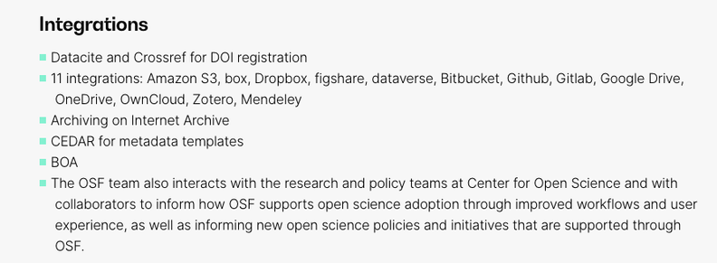 Screenshot of integrations from Open Science Framework's Infra Finder page.