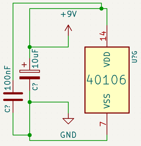 KiCad schematic design. In view is Unit G of a 40106 IC wired with a couple of decoupling capacitors and power ports, with quirky/artistic drawing of the wires.