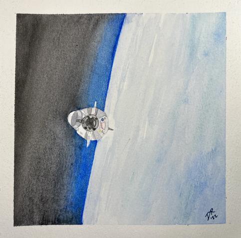 FLOATING DRAGON by Danielle Rose Baker.
A watercolor painting on square paper with rough edges of a small white conical spacecraft floating in space. Behind it, one sees the curvature of the Earth, shrouded in clouds, a thin bright blue band of atmosphere, and the blackness of space. The front hatch door is open as the capsule approaches an unseen docking port.